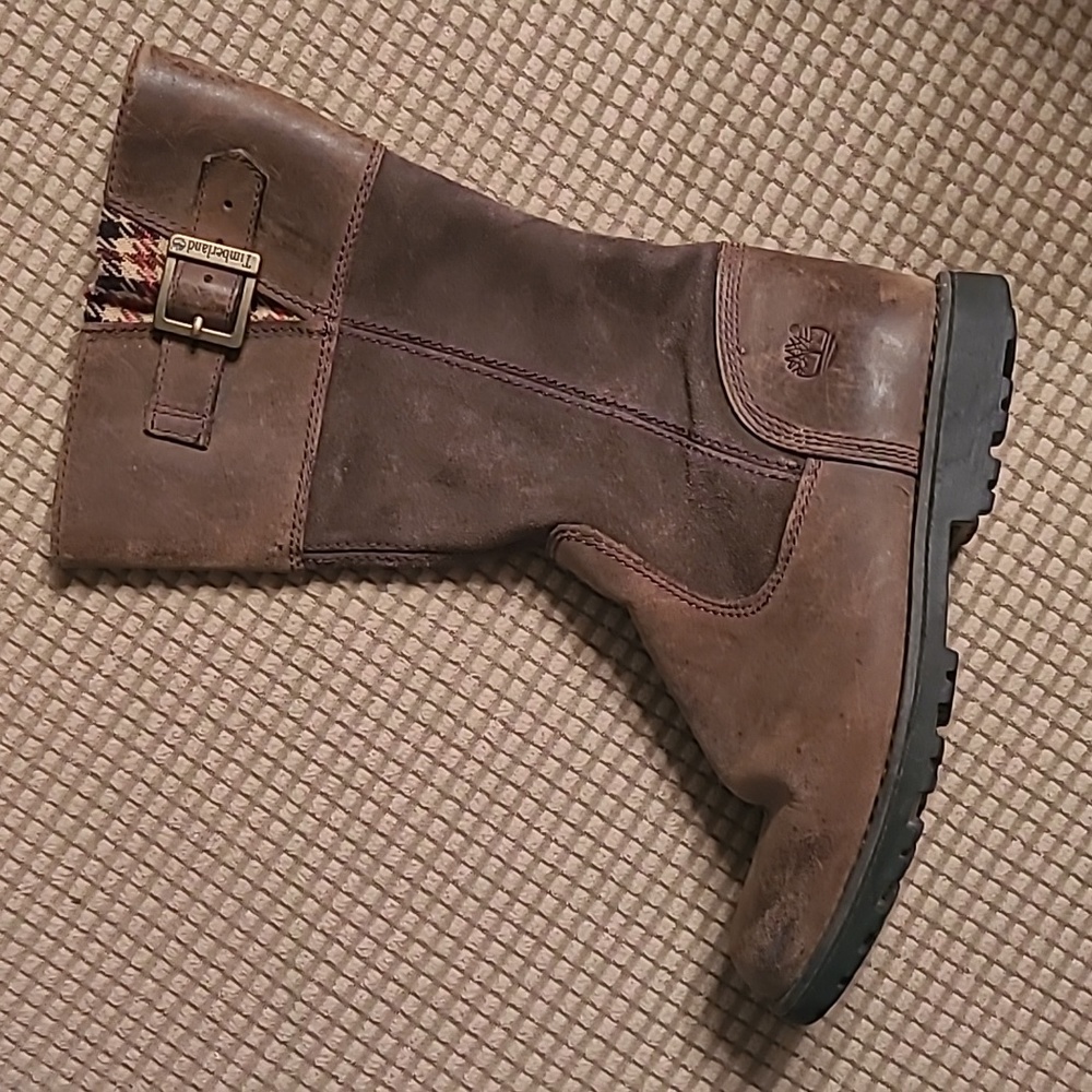 Timberland Girls 2.5 Tall boot leather with plaid outer lining fall riding boots